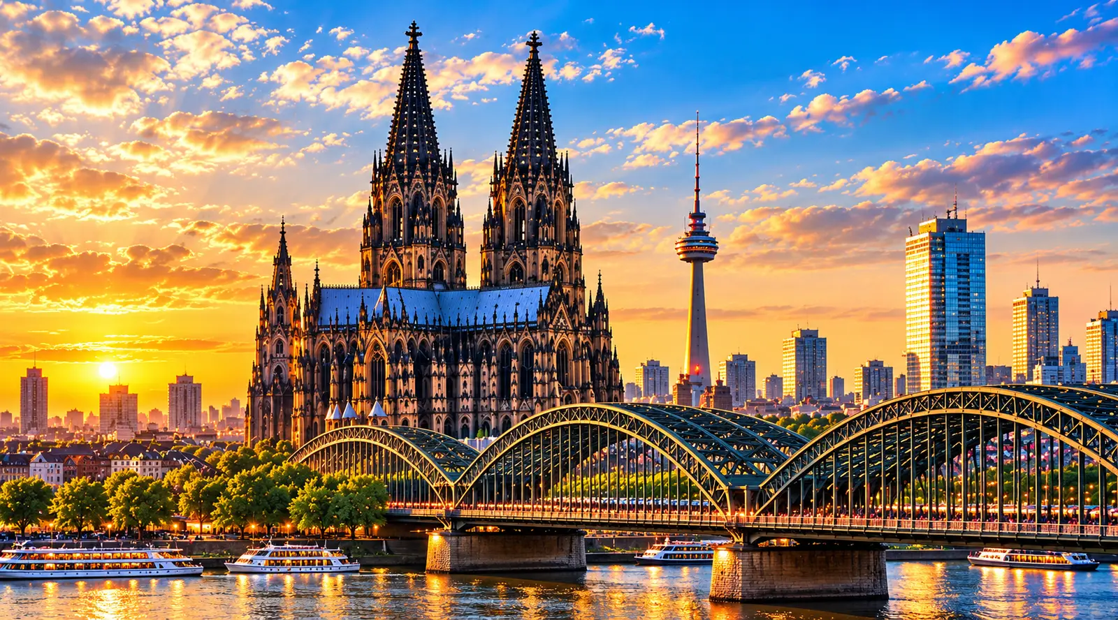 Köln Katedrali ve Hohenzollern Köprüsü gün batımında